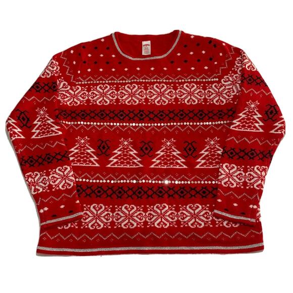 Holiday Time Christmas Pullover Ugly Sweater XL Womens Red Fair Isle Crew Sequin - Picture 1 of 8
